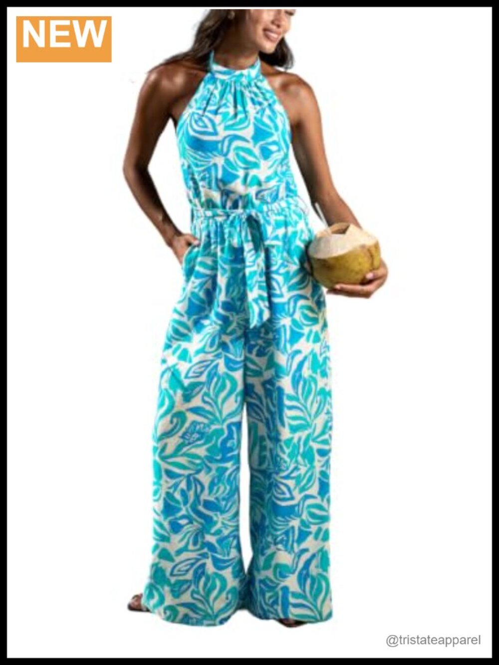 Tropical Halter Wide Leg Jumpsuit Sleeveless Belted Vacation Romper